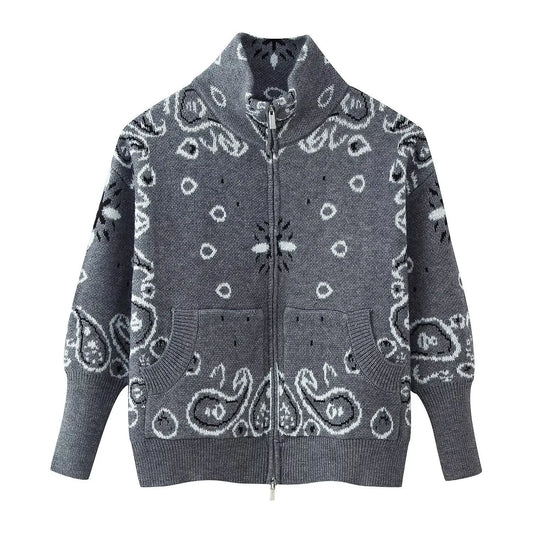 Loose high neck zipper embellished long sleeved cardigan sweater