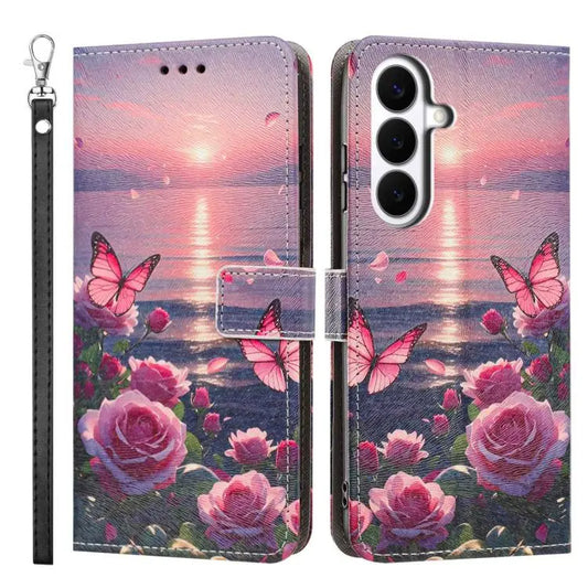 Painted Pattern Vegan Leather Phone Case with Strap, For Galaxy S25 FE 5G, For Galaxy S25 Edge 5G, For Galaxy S24 5G / S25 5G