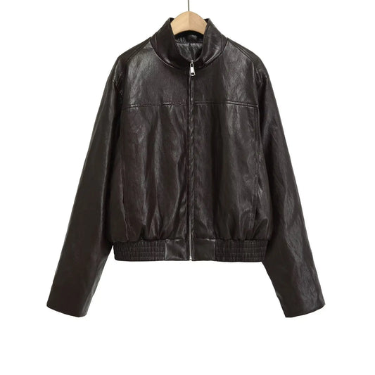 Pocket decoration imitation leather jacket women's clothing