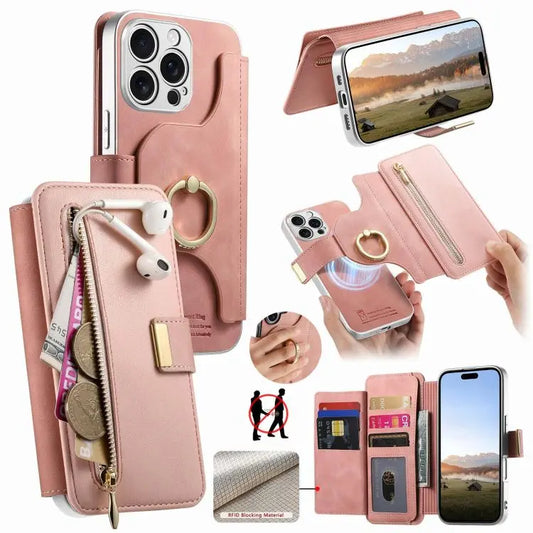 Precision Hole Silver-Edged Ring RFID Blocking Zipper Wallet Magnetic Vegan Leather Phone Case, For iPhone 13 Pro, For iPhone 13
