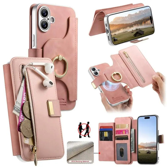 Precision Hole Silver-Edged Ring RFID Blocking Zipper Wallet Magnetic Vegan Leather Phone Case, For iPhone 15 Pro, For iPhone 15 Plus, For iPhone 15