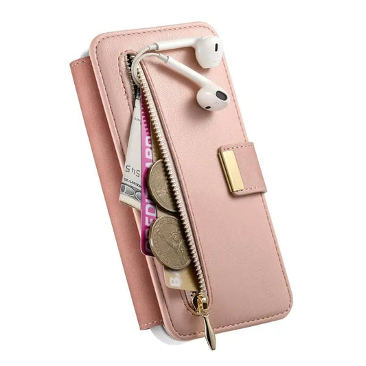 Precision Hole Silver-Edged Ring RFID Blocking Zipper Wallet Magnetic Vegan Leather Phone Case, For iPhone 15 Pro, For iPhone 15 Plus, For iPhone 15