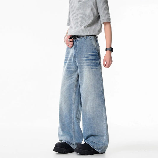 Relaxed Fit Cat-Whisker Washed Wide-Leg Jeans for Men