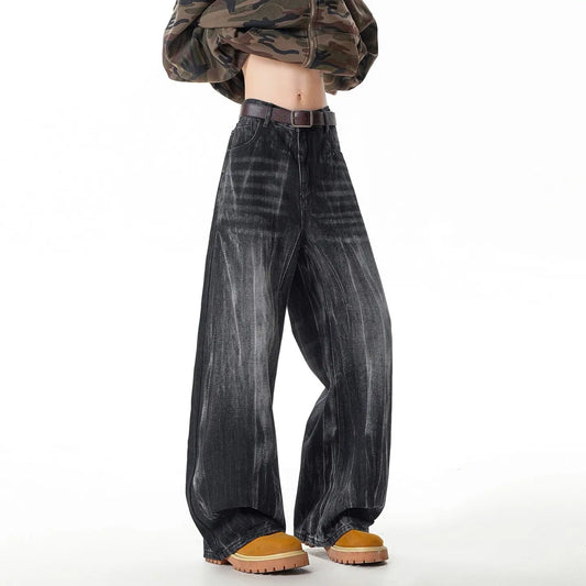 Retro Washed Denim Pants Men Loose Distressed Wide Leg Long Trousers