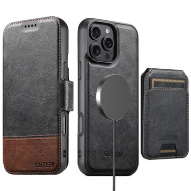 Suteni Q06S2 3-in-1 Detachable Vertical Flip Wallet MagSafe Splicing Leather Phone Case, For iPhone 15 Pro Max, For iPhone 15 Pro, For iPhone 15 Plus, For iPhone 15, For iPhone 14 Plus, For iPhone 14, For iPhone 14 Pro, For iPhone 14 Pro Max