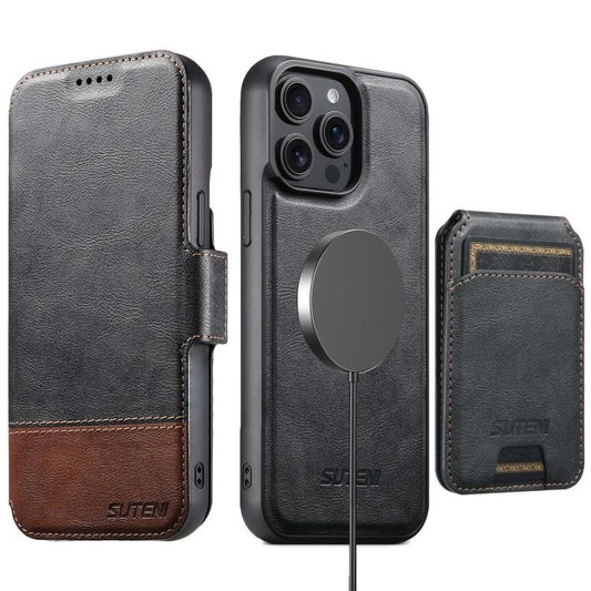 Suteni Q06S2 3-in-1 Detachable Vertical Flip Wallet MagSafe Splicing Leather Phone Case, For iPhone 15 Pro Max, For iPhone 15 Pro, For iPhone 15 Plus, For iPhone 15, For iPhone 14 Plus, For iPhone 14, For iPhone 14 Pro, For iPhone 14 Pro Max
