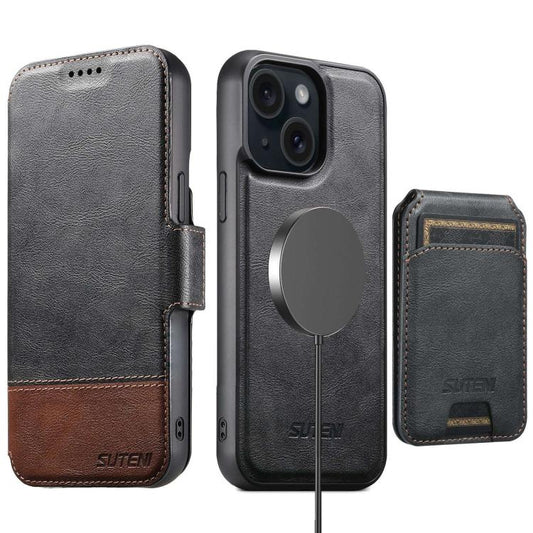 Suteni Q06S2 3-in-1 Detachable Vertical Flip Wallet MagSafe Splicing Leather Phone Case, For iPhone 13 Pro Max, For iPhone 13 Pro, For iPhone 13, For iPhone 12, For iPhone 12 Pro Max, For iPhone 12 Pro