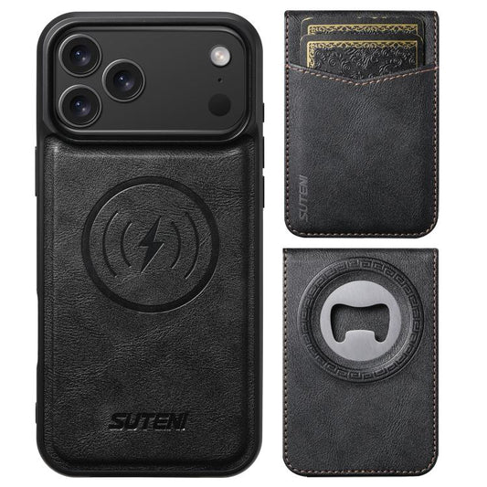 Suteni G5S5 2-in-1 Magnetic Detachable Bottle Opener Card Bag Cow Leather Back Phone Case, For iPhone 17 Pro Max, For iPhone 17 Pro, For iPhone 17, For iPhone Air, For iPhone 16 Pro Max, For iPhone 16 Pro, For iPhone 16 Plus, For iPhone 16