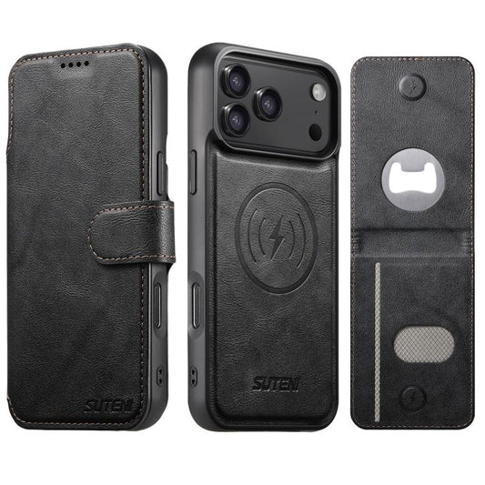 Suteni Q05S5 3-in-1 Detachable Bottle Opener Card Bag Magnetic Cowhide Vegan Leather Phone Case, For iPhone 17 Pro Max, For iPhone 17 Pro, For iPhone 17, For iPhone Air, For iPhone 16 Pro Max, For iPhone 16 Pro, For iPhone 16 Plus, For iPhone 16