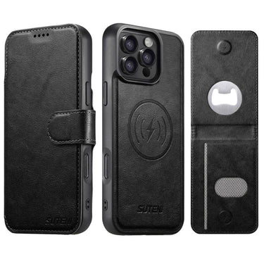Suteni Q05S5 3-in-1 Detachable Bottle Opener Card Bag Magnetic Cowhide Vegan Leather Phone Case, For iPhone 15 Pro Max, For iPhone 15 Pro, For iPhone 15 Plus, For iPhone 15, For iPhone 14 Plus, For iPhone 14, For iPhone 14 Pro, For iPhone 14 Pro Max