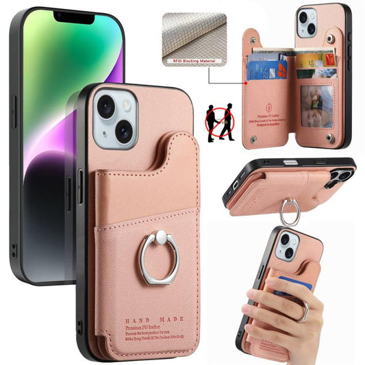 Twill Fabric Ring Multi-card Wallet Vegan Leather Phone Case, For iPhone 14, For iPhone 14 Pro, For iPhone 14 Pro Max
