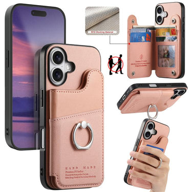 Twill Fabric Ring Multi-card Wallet Vegan Leather Phone Case, For iPhone 16, For iPhone 15 Pro Max, For iPhone 15 Pro