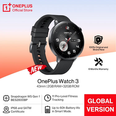 OnePlus Watch 3 smartwatch with product details on a gradient background