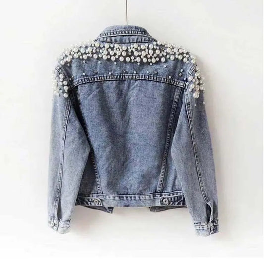 Spring and Autumn New Heavy Beaded Denim Jacket for Women, Short Length, Long Sleeve, Fashionable Export Jacket with Large Pearls