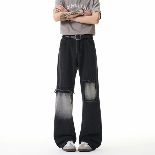 Street Style Light Gray and Charcoal Black Ripped Jeans for Men