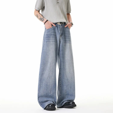 Street Style Washed Stripe Wide Leg Jeans Men's Loose High Waist Drop Crotch Pants