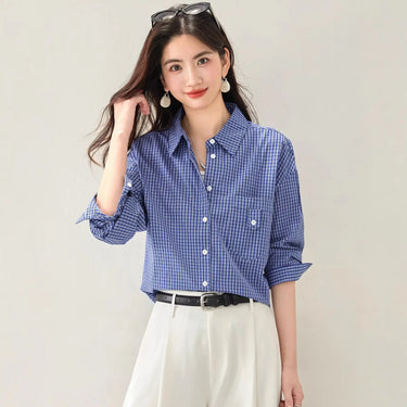 Stylish Blue Checkered Shirt Blazer for WomenFashionable and Youthful Top