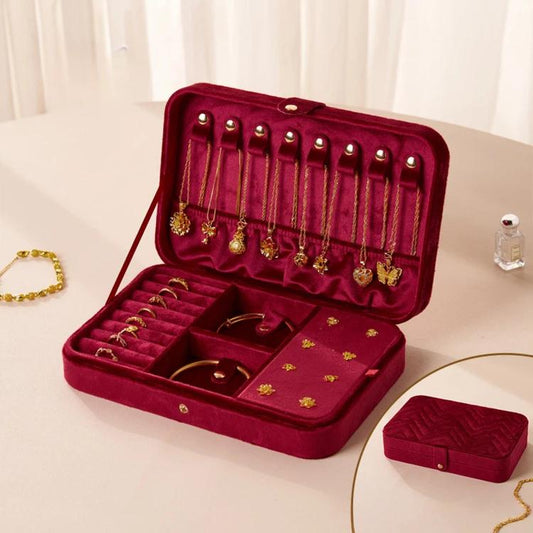 Velvet Jewelry Box 2-Layer Vintage Jewelry Organizer with Chevron Quilting, Earring Board