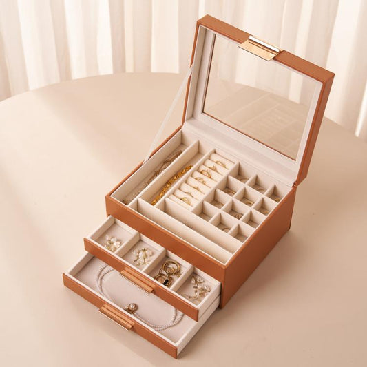 Glass Top 3-Tier Leather Jewelry Box with 2 Drawers Removable Dividers for Rings Earrings Bracelets