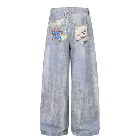Teddy bear cartoon hot stamping straight leg denim pants