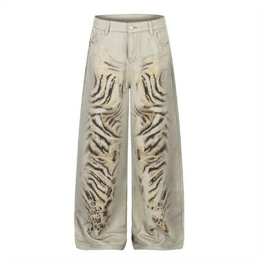 Tiger print digital printed denim wide leg pants