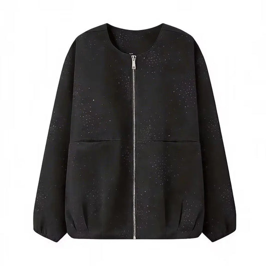 Versatile bright diamond round neck jacket top