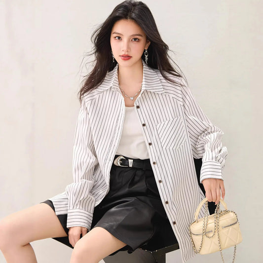 White Striped Long Sleeve Shirt Jacket for Women, Casual Loose Fit, Stylish Inner Layer Top