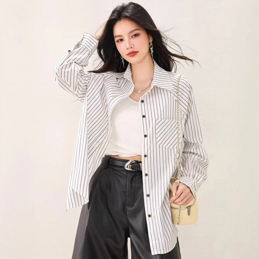 White Striped Long Sleeve Shirt Jacket for Women, Casual Loose Fit, Stylish Inner Layer Top