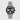 Silver watch with a black face on a light gray background