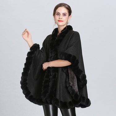 Women's Plus Cashmere Fur Collar Knitted Cardigan Shawl Cape Coat