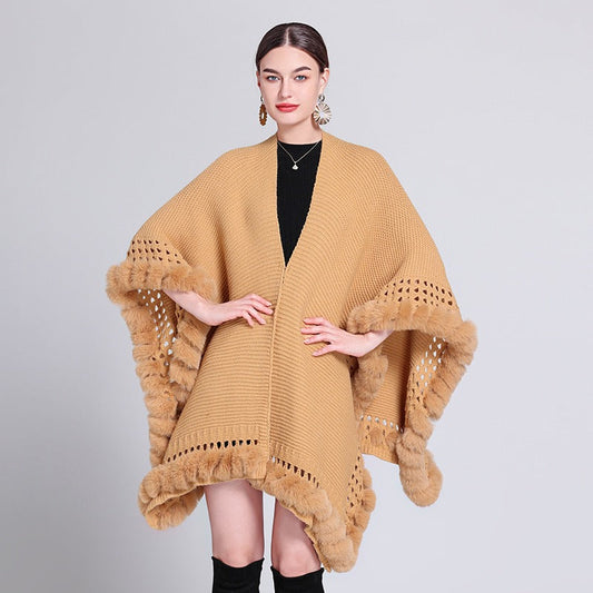 Solid Color Knitted Cape And Shawl Sweater Coat  