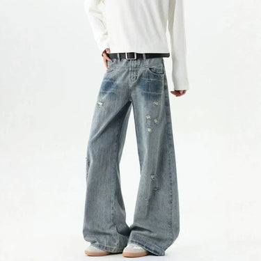 Bamboo Texture Distressed Washed Straight Leg Oversized Tapered Jeans  