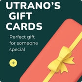 Red gift box with a yellow bow on a dark green background, featuring text about Utrano's gift cards.