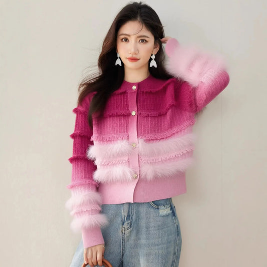 Chic Pink Gradient Long Sleeve Knit Cardigan Coat for Women, Autumn Winter Stylish Short Woolly Top  