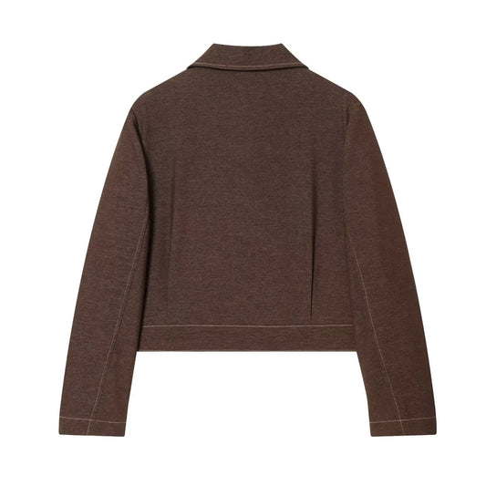 Collar zipper long sleeved flip pocket short jacket  