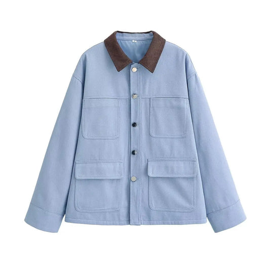 Corduroy contrasting color patchwork collar jacket  