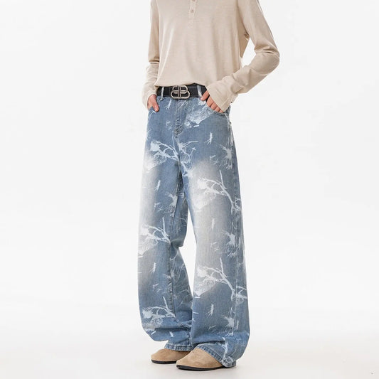 Deep Blue Denim Pants Men's Streetwear Style Flared Knife Cut Trousers  