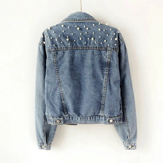 Denim Jacket Women Plus Size Embellished Beaded Coat Female Student Light Blue Jacket Loose Fit  