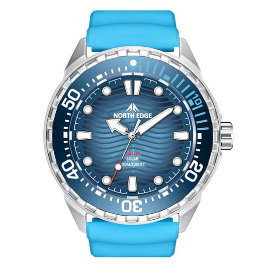 NORTH EDGE TRITON Outdoor Dive Men Solar Luminous Quartz Watch  Blue Rubber Strap