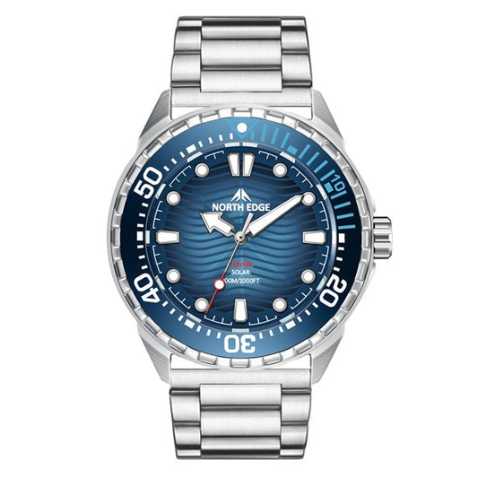 NORTH EDGE TRITON Outdoor Dive Men Solar Luminous Quartz Watch  Blue Steel Strap