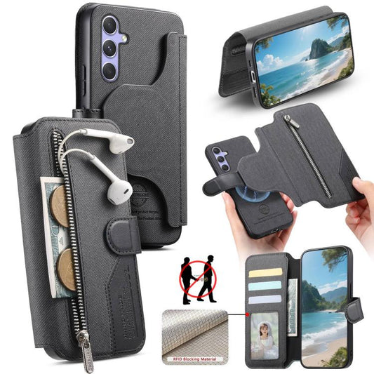 Twill Fabric MagSafe RFID Anti-theft Zipper Wallet Leather Phone Case, For Galaxy S25+ 5G, For Galaxy S24 FE 5G, For Galaxy S24+ 5G, For Galaxy S24 5G  