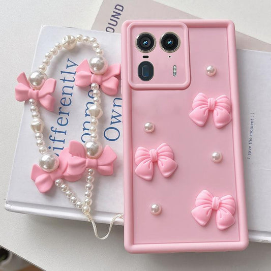 Soft Silicone 3D Bowknot Pearl Phone Case with Beaded Wrist Strap, For Motorola Edge 50 Ultra, For Motorola Edge 50 Pro, For Motorola Edge 50 Fusion, For Motorola Moto G24 Power, For Motorola Moto G24, For Motorola Moto G84, For Motorola Moto G14      ...  