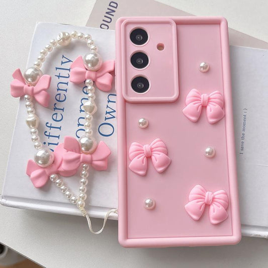 Soft Silicone 3D Bowknot Pearl Phone Case with Beaded Wrist Strap, For Samsung Galaxy A56 5G, For Samsung Galaxy A26 5G, For Samsung Galaxy A36 5G, For Samsung Galaxy A16 4G / 5G, For Samsung Galaxy A15 / 5G, For Samsung Galaxy A55 5G                  ...