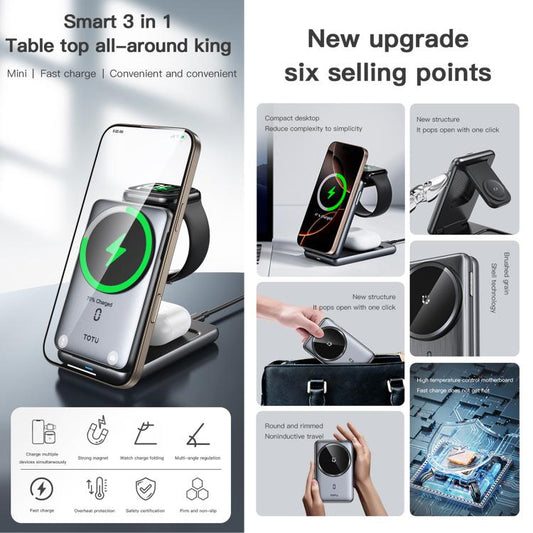 TOTU CW-4-W Wireless Charging Station 3 in 1 Magnetic Folding Charger Stand for Phone Watch Earbuds, CW-4-W  