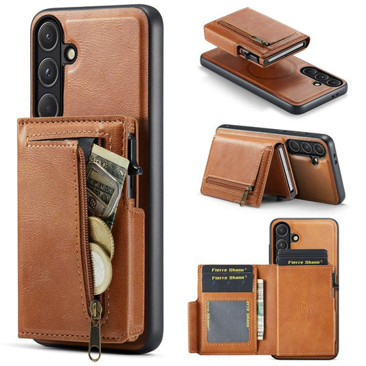 Fierre Shann Oil Wax Vegan Leather Magnetic Card Holder Back Phone Case, For Galaxy S26+ 5G, For Galaxy S26 Ultra 5G, For Galaxy S26 5G, For Galaxy S25 FE 5G  