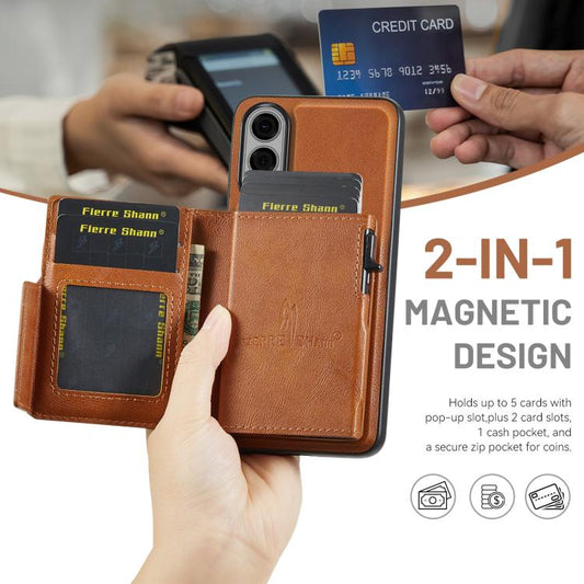 Fierre Shann Oil Wax Vegan Leather Magnetic Card Holder Back Phone Case, For Galaxy S25 Edge 5G, For Galaxy S25 5G, For Galaxy S25+ 5G, For Galaxy S25 Ultra 5G  