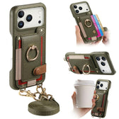 Litchi Texture Card Bag Ring Holder Vegan Leather + PC Phone Case with Shoulder Strap, For iPhone 16e / 17e, For iPhone 17 Pro Max, For iPhone 17 Pro  