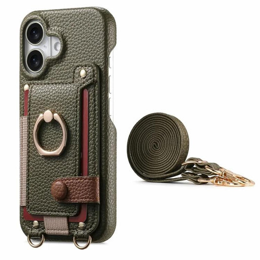 Litchi Texture Card Bag Ring Holder Vegan Leather + PC Phone Case with Shoulder Strap, For iPhone 17, For iPhone Air, For iPhone 16 Pro Max  