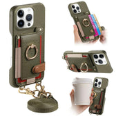 Litchi Texture Card Bag Ring Holder Vegan Leather + PC Phone Case with Shoulder Strap, For iPhone 16 Pro, For iPhone 16 Plus, For iPhone 16  