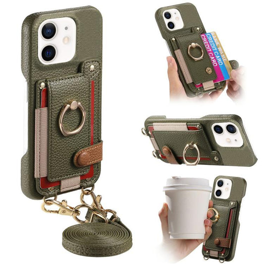 Litchi Texture Card Bag Ring Holder Vegan Leather + PC Phone Case with Shoulder Strap, For iPhone 11, For iPhone 11 Pro, For iPhone X / XS  